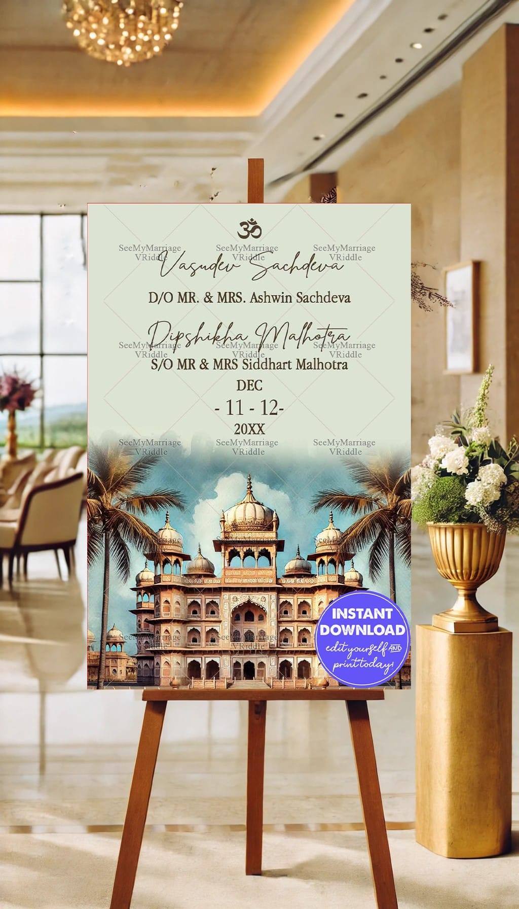 Traditional Palace Wedding Invitation Om Symbol with Bride and Groom Details