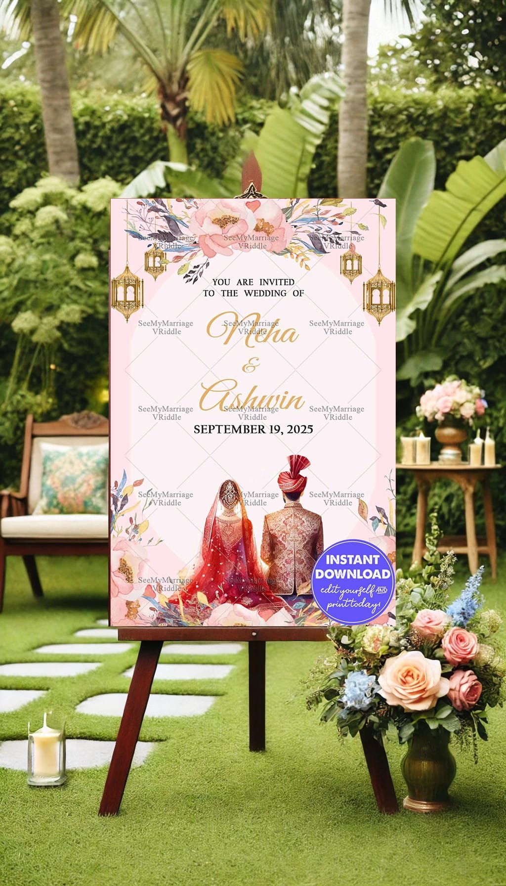 Floral Lantern Wedding Invitation Traditional Bride and Groom Ceremony Card Template