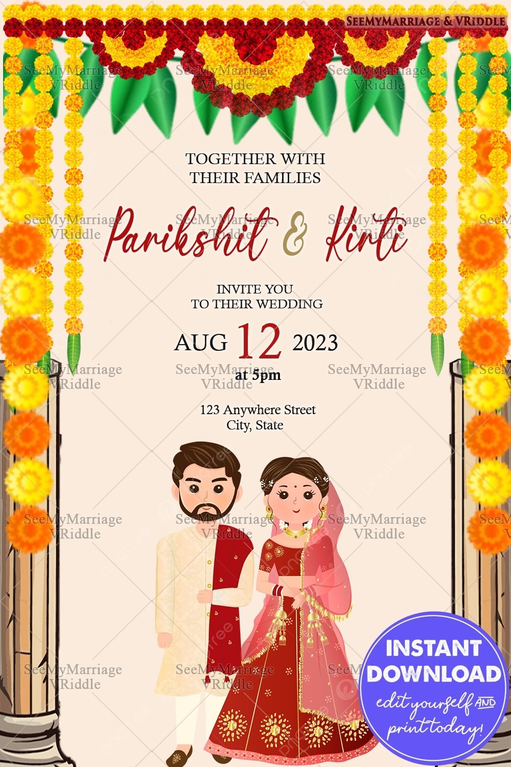 Traditional Indian Wedding Invitation with Floral Garland and Cartoon Couple Illustration