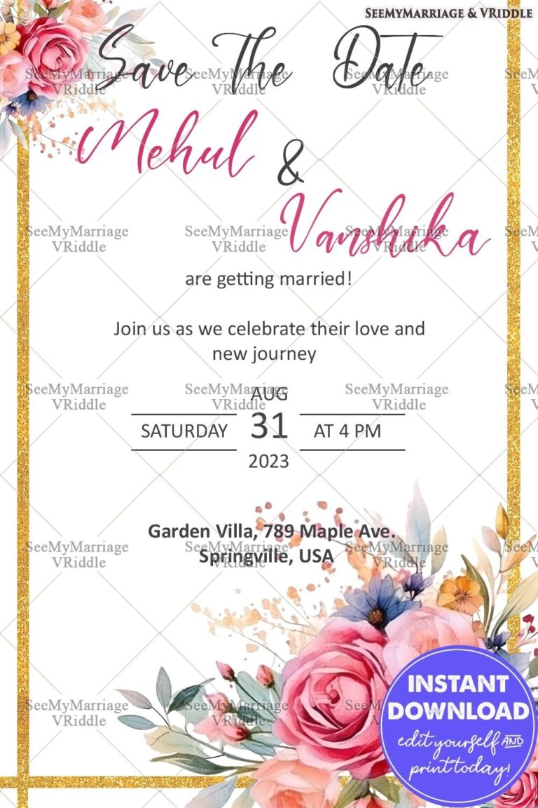 Elegant Gold Border Floral Save The Date Wedding Invitation