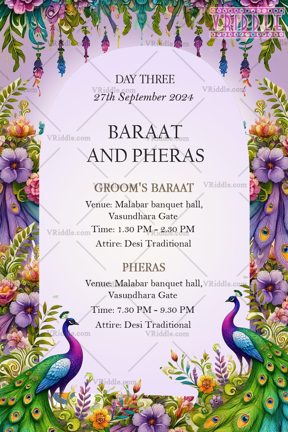Vibrant Peacock-Themed Baraat and Pheras Wedding Invitation with Floral Accents