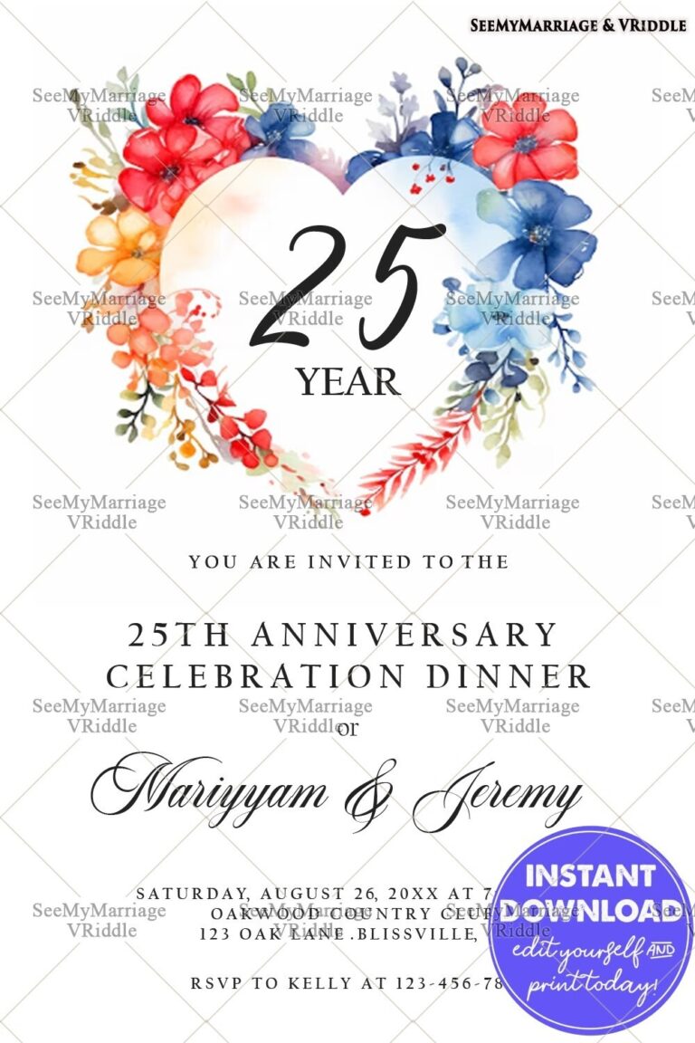 Colorful Floral Heart Design Wedding Anniversary Celebration Dinner Invitation