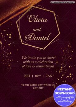 Deep Burgundy Textured Wedding Invitation with Gold Frame and Gold Glitter Accents for a Luxurious Touch