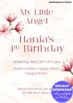 Delicate Pink Magnolia 4th Birthday Invitation with Pastel Watercolor Background and Soft Floral Accents