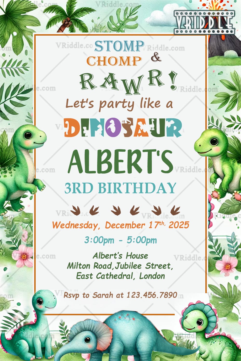 Dinosaur Birthday Invitation Card with Jungle Theme