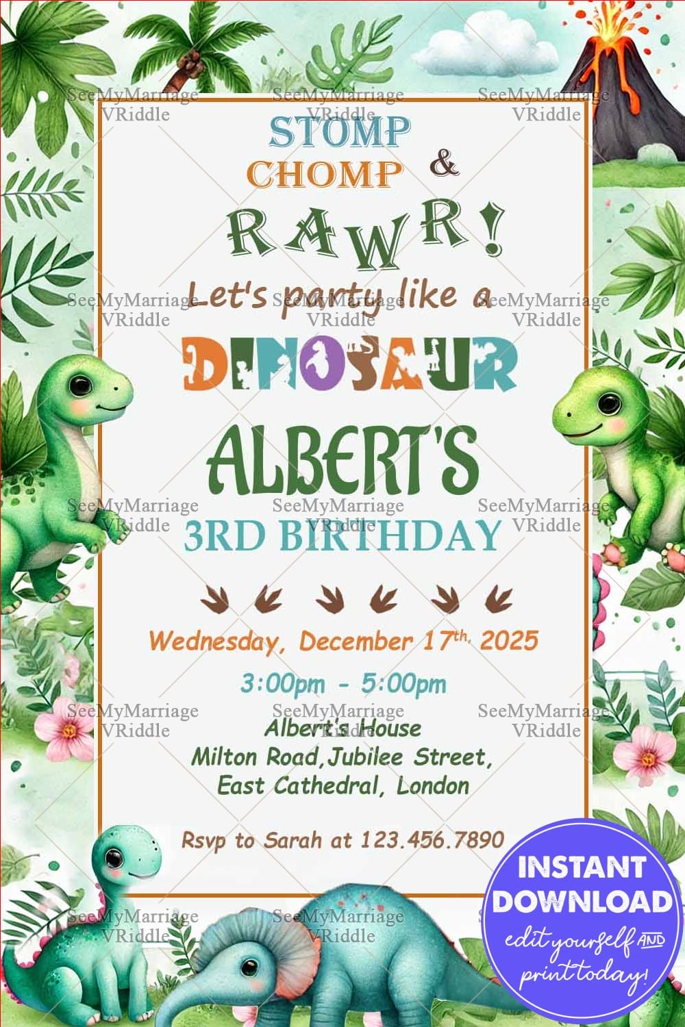 Dinosaur Birthday Invitation Card with Jungle Theme
