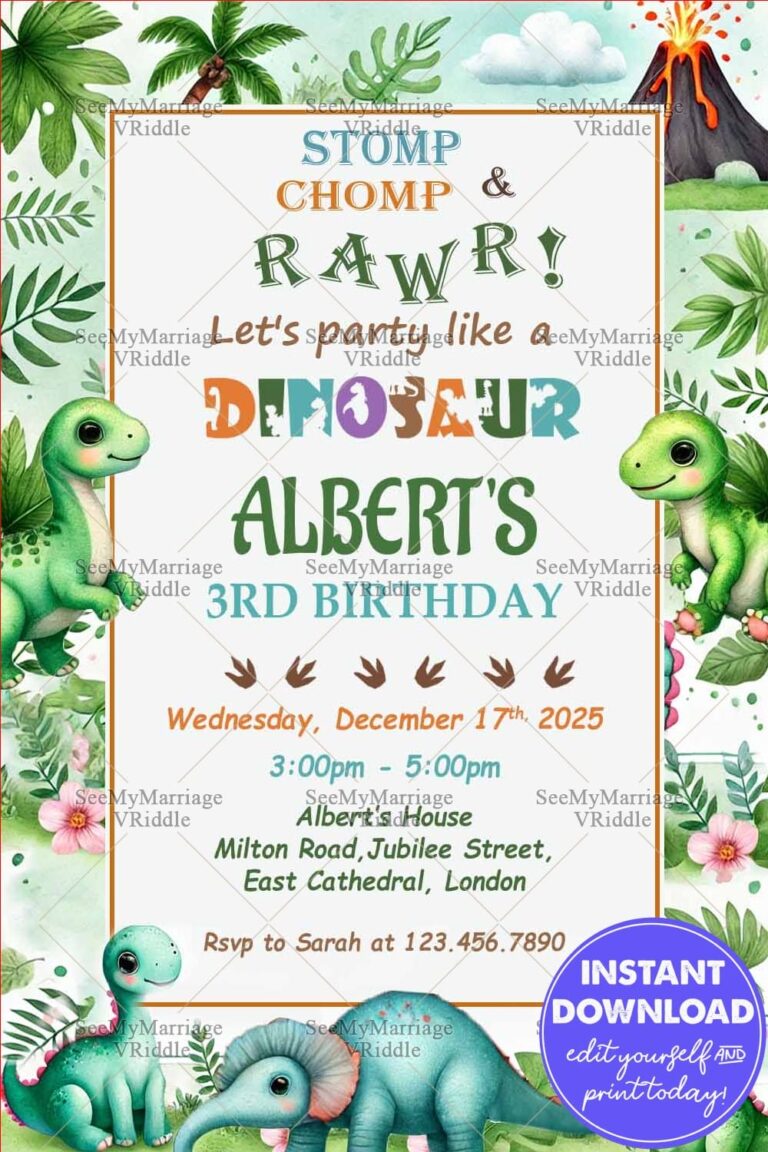 Dinosaur Birthday Invitation Card with Jungle Theme