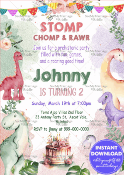 Dinosaur Party Birthday Invitation with Colorful Cartoon Illustrations