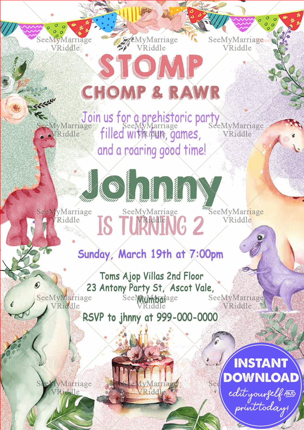 Dinosaur Party Birthday Invitation with Colorful Cartoon Illustrations