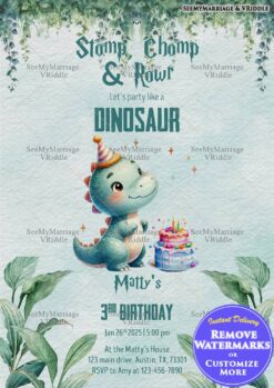 Dinosaur-Themed 3rd Birthday Invitation with Cute Dino Illustration and Jungle Vibes