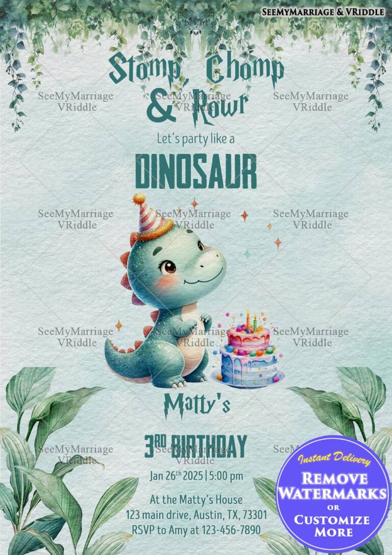 Dinosaur-Themed 3rd Birthday Invitation with Cute Dino Illustration and Jungle Vibes