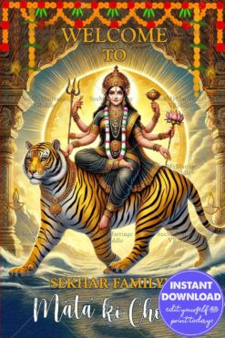 Divine Durga Mata ki Chowki Invitation with Tiger Illustration