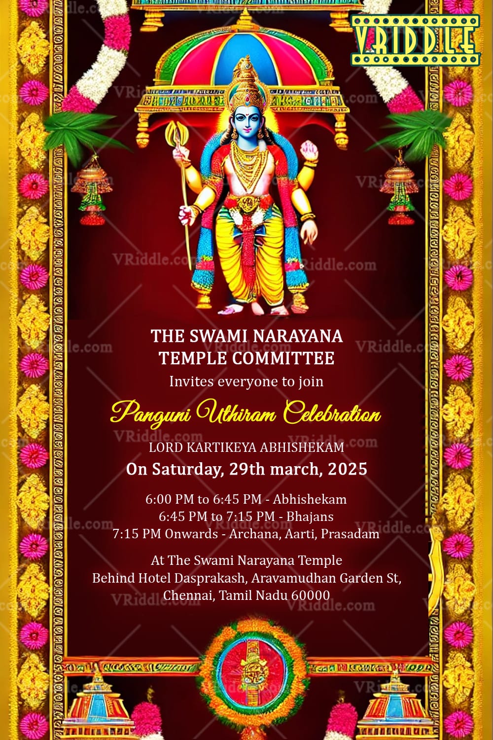 Divine Kartikeya Panguni Uthiram Celebration Invitation Card