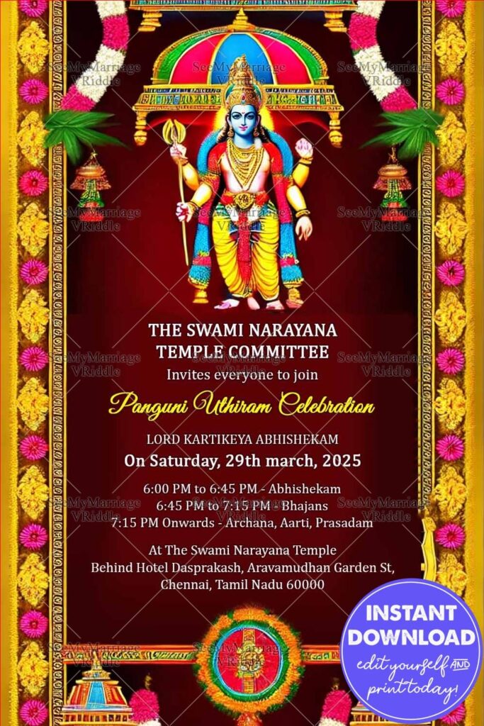 Divine Kartikeya Panguni Uthiram Celebration Invitation Card