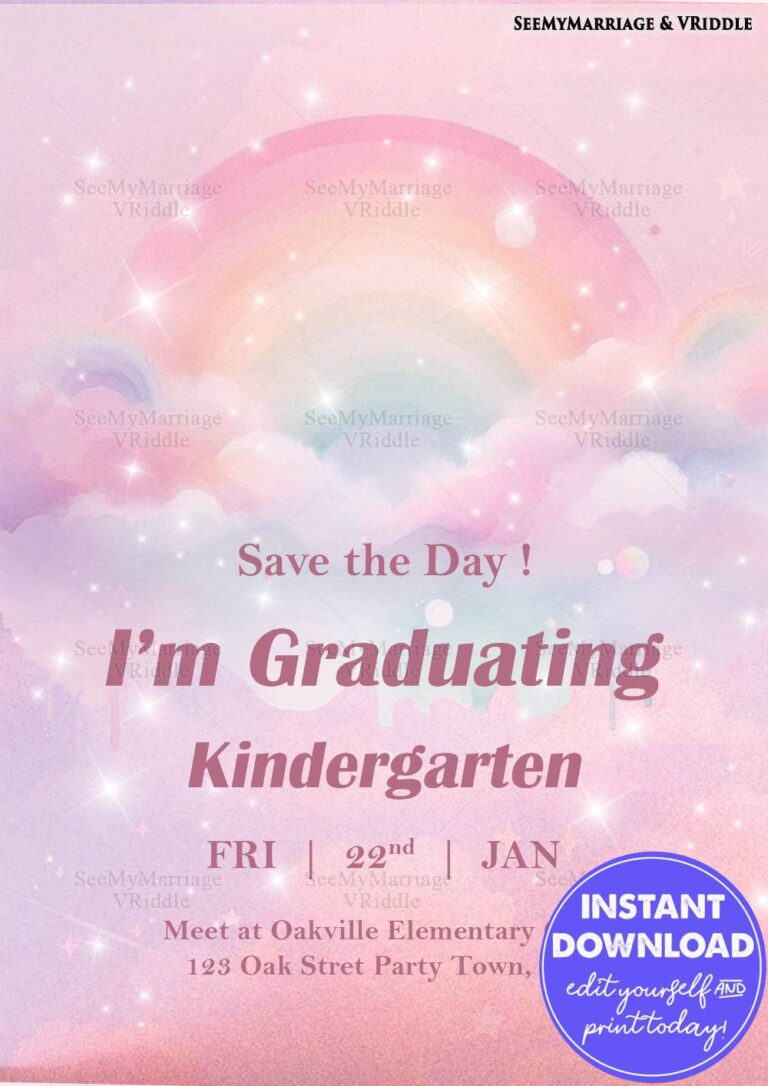 Dreamy Pink Kindergarten Graduation Invitation with Pastel Rainbow, Sparkling Stars and Clouds