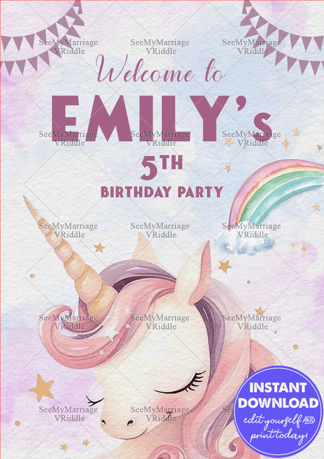 Dreamy Unicorn 5th Birthday Party Banner with Pastel Rainbow and Stars