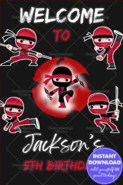 Dynamic Ninja-Themed 5th Birthday Banner with Action Poses and Bold Red-Black Design