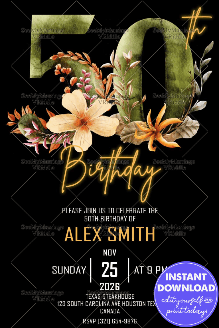 Elegant 50th Birthday Invitation with Floral and Neon Accents on Black Background