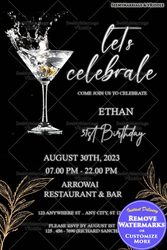 Elegant Black & Gold Birthday Invitation with Martini Glass and Gold Accents