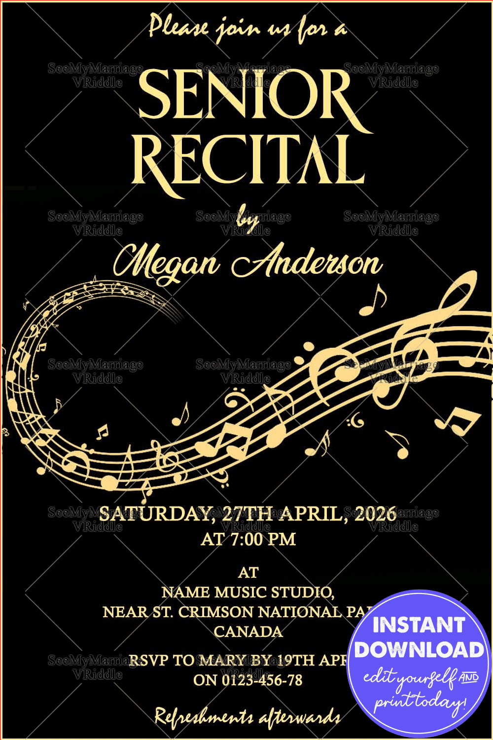 Vibrant Music Recital Invitation with Watercolor Boombox, Music Vibrant Music Recital Invitation with Watercolor Boombox, Music
