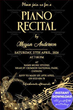 Elegant Black-Themed Piano Recital Invitation with Gold Detailed Music Note Illustrations and Text