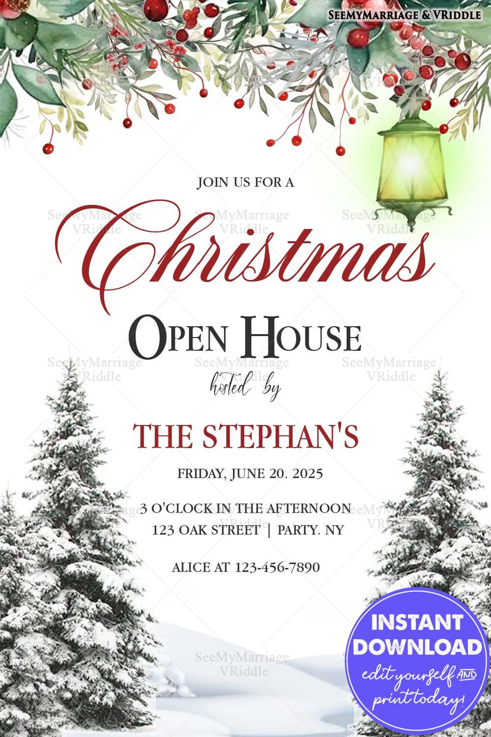 Elegant Christmas Open House Invitation with Snowy Trees and Festive Greenery festive holiday potluck invitation with christmas tree, santa, and