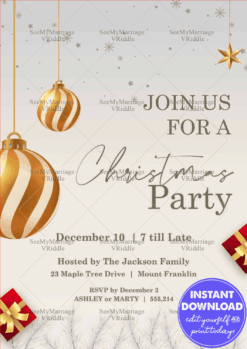 Elegant Christmas Party Invitation Gold Ornaments and Gift Decor