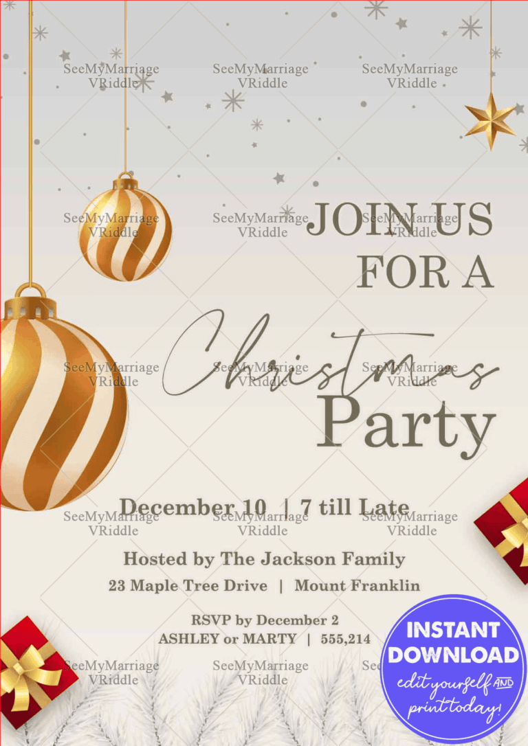 Elegant Christmas Party Invitation Gold Ornaments and Gift Decor