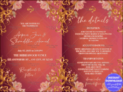 Elegant Crimson and Gold Floral Wedding Invitation with Comprehensive Event Details