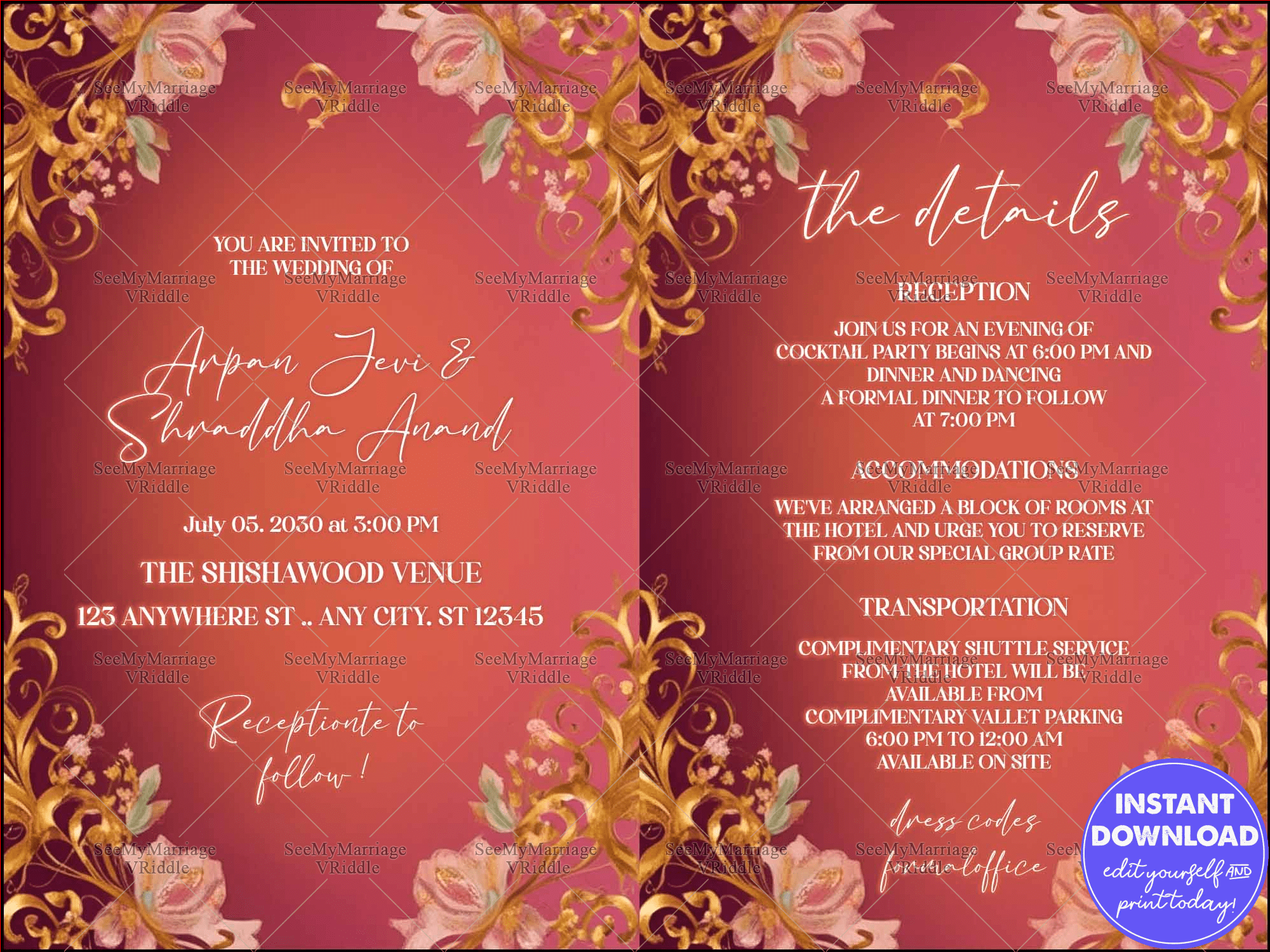 Elegant Crimson and Gold Floral Wedding Invitation with Comprehensive Event Details