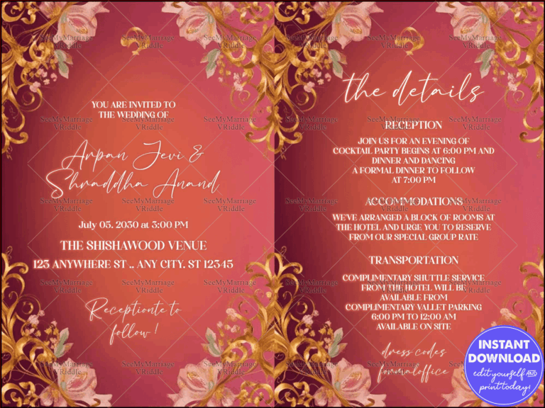 Elegant Crimson and Gold Floral Wedding Invitation with Comprehensive Event Details