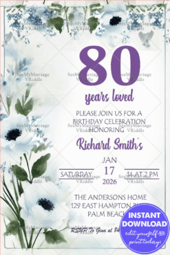 Elegant Floral Birthday Invitation 80th Celebration Template