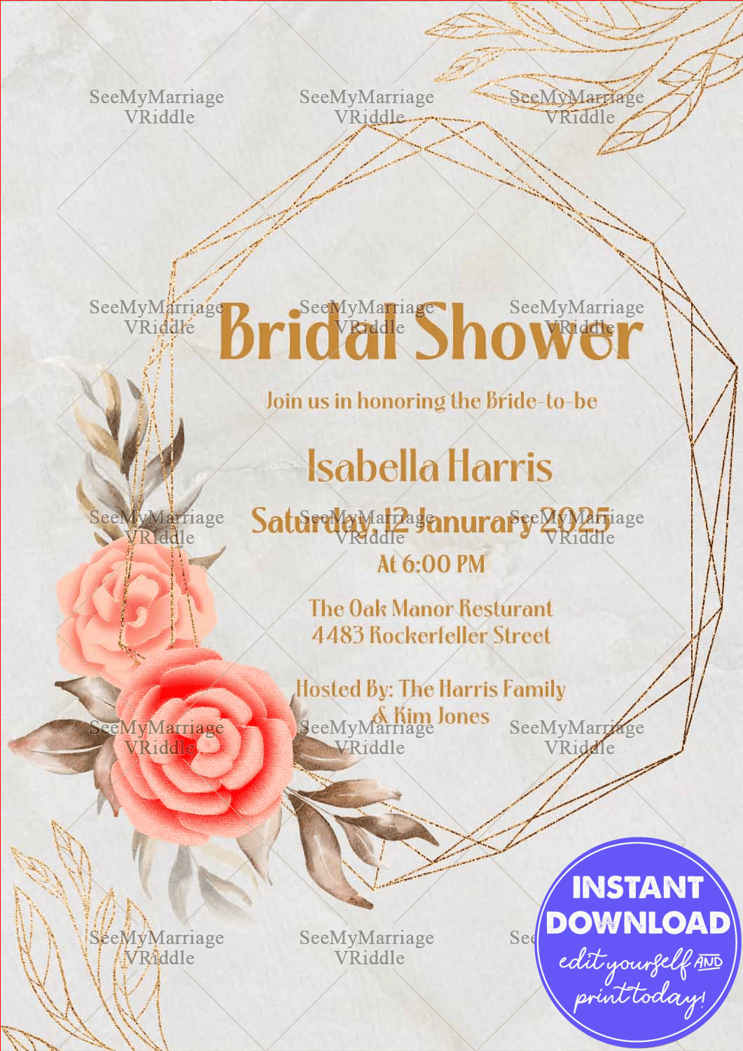 Elegant Floral Bridal Shower Invitation Geometric Gold Frame Design