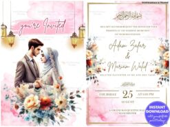 Elegant Floral Muslim Wedding Invitation with Couple Portrait Pink Watercolor Details and Romantic Lanterns
