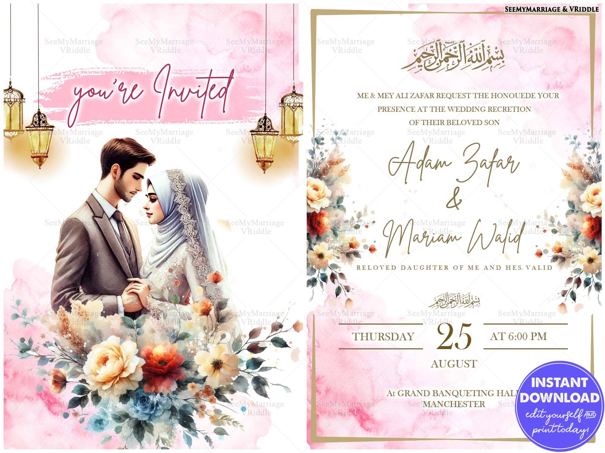 Elegant Floral Muslim Wedding Invitation with Couple Portrait Pink Watercolor Details and Romantic L