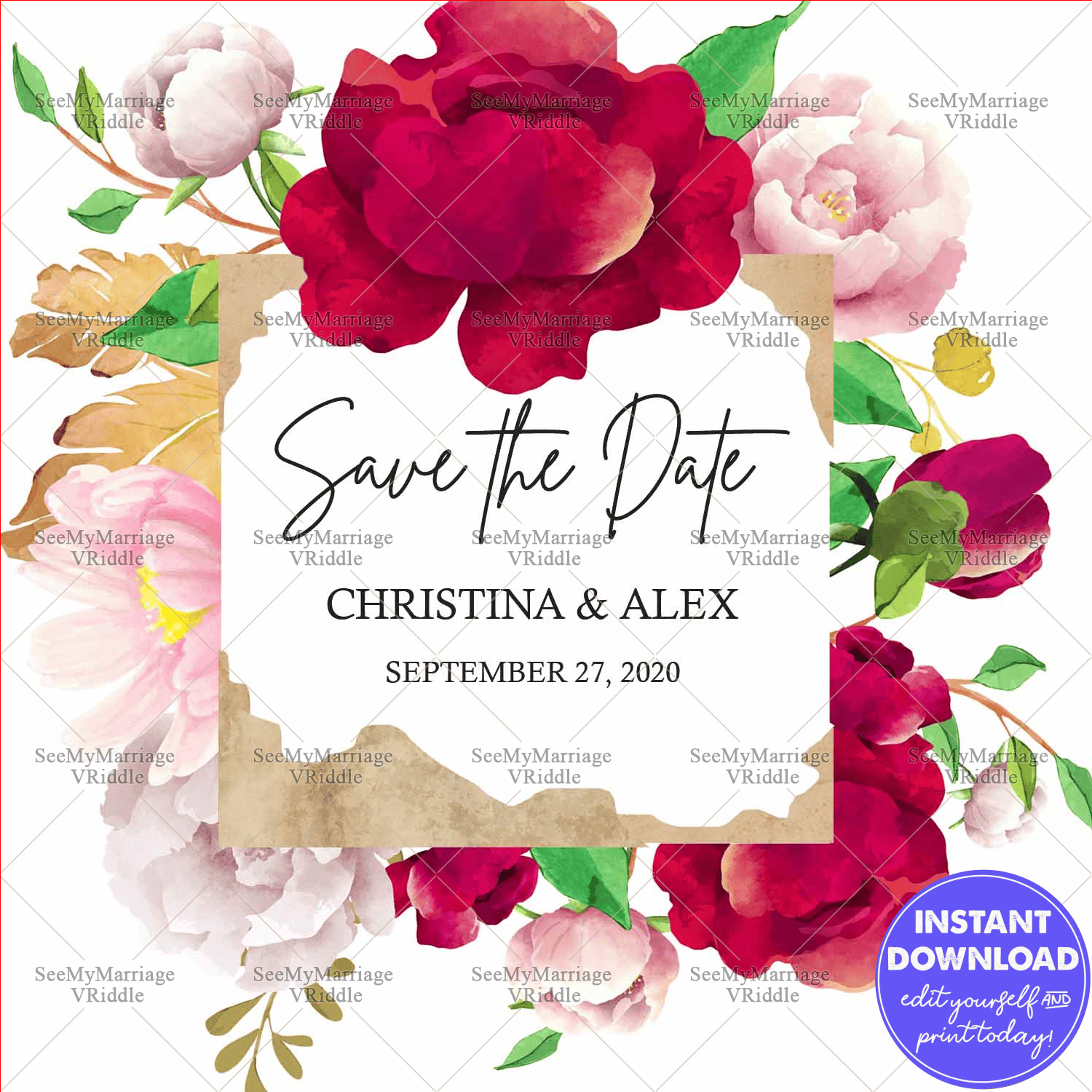 Elegant Floral Save the Date Banner with Bold Red and Soft Pastel Flowers