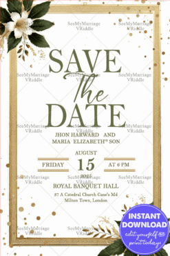 Elegant Floral Save the Date Invitation with Gold Frame