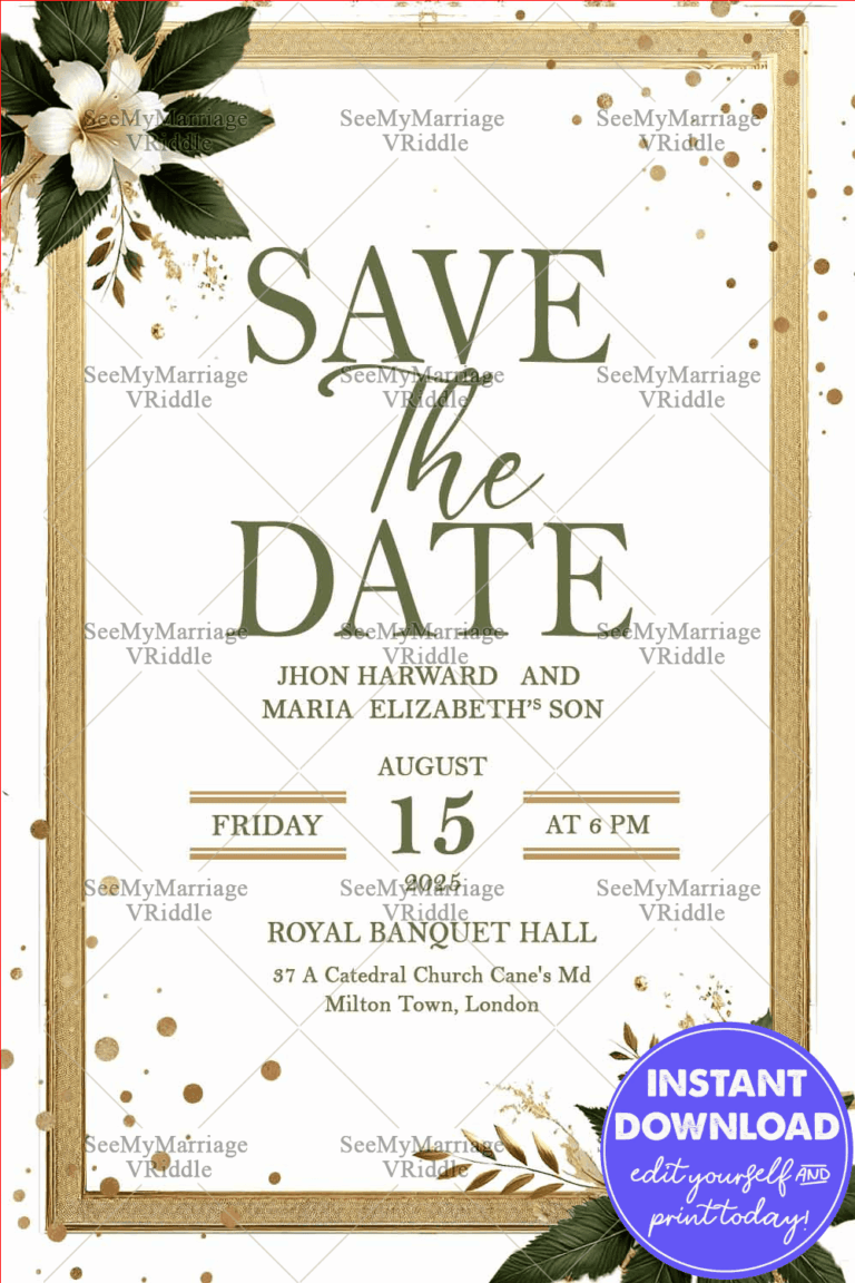 Elegant Floral Save the Date Invitation with Gold Frame