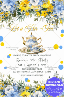 Elegant Floral Tea Party Invitation for 30th Birthday with Vintage Teapot and Lush Bright Flowers