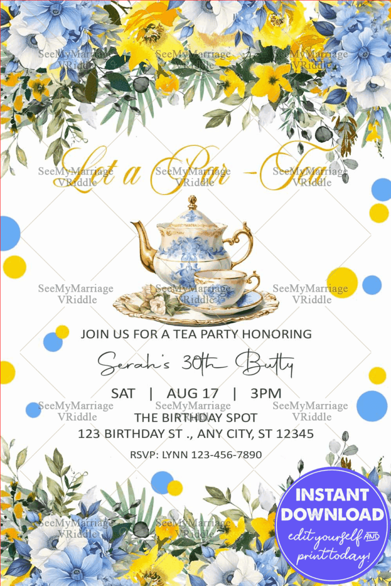 Elegant Floral Tea Party Invitation for 30th Birthday with Vintage Teapot and Lush Bright Flowers