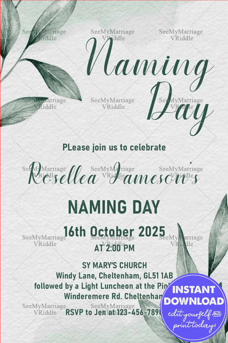 Elegant Green Foliage Naming Day Invitation with Watercolor Accents and Soft Minimalist Design