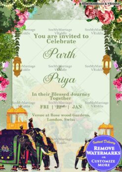 Elegant Green Indian Wedding Invitation With Traditional Royal Elephants and Floral Design