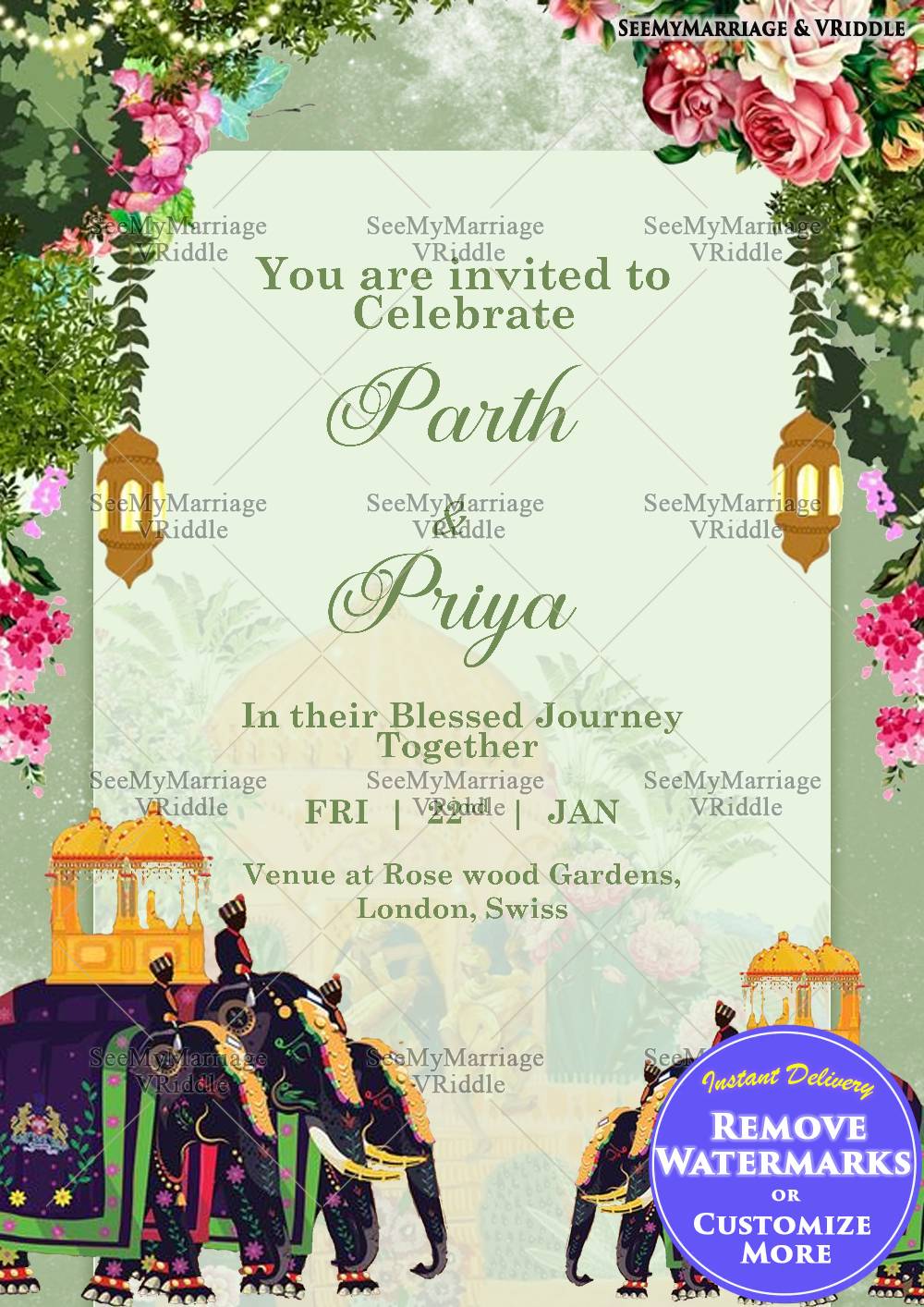 Elegant Green Indian Wedding Invitation With Traditonal Royal Elephants and Floral D