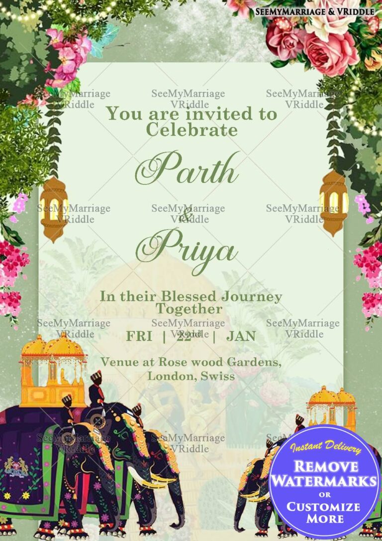 Elegant Green Indian Wedding Invitation With Traditional Royal Elephants and Floral Design