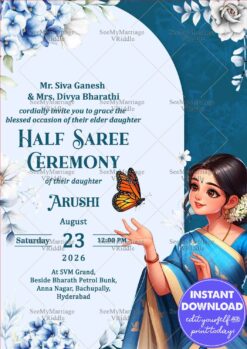 Elegant Half Saree Ceremony Invitation with A Young Girl Illustration in Blue Background and Floral Design