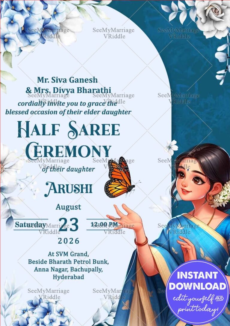 Elegant Half Saree Ceremony Invitation with A Young Girl Illustration in Blue Background and Floral Design