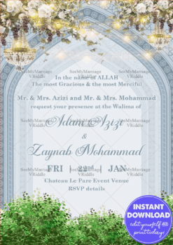 Elegant Light Blue Islamic Walima Invitation with Floral Chandeliers & Archway Design