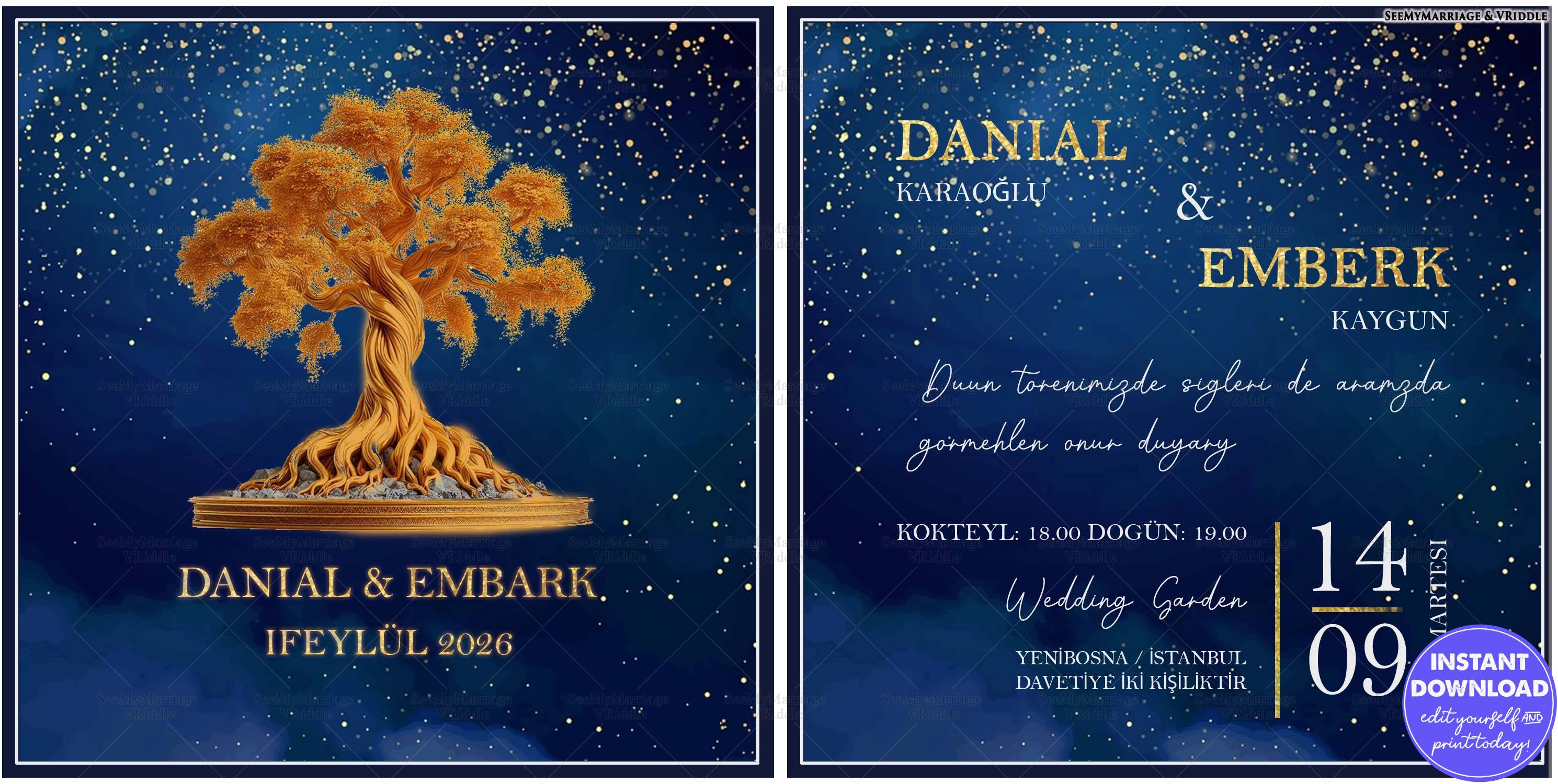 Elegant Midnight Blue Wedding Invitation with Golden Tree and Starry Night Details