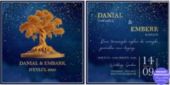 Elegant Midnight Blue Wedding Invitation with Golden Tree and Starry Night Details