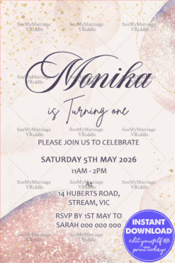Elegant Pastel First Birthday Invitation with Gold Glitter Accents and Watercolor Background